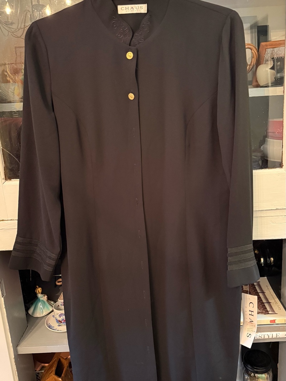 Chaus Black Long Sleeve Tunic with Embroidered Collar and Gold Buttons
